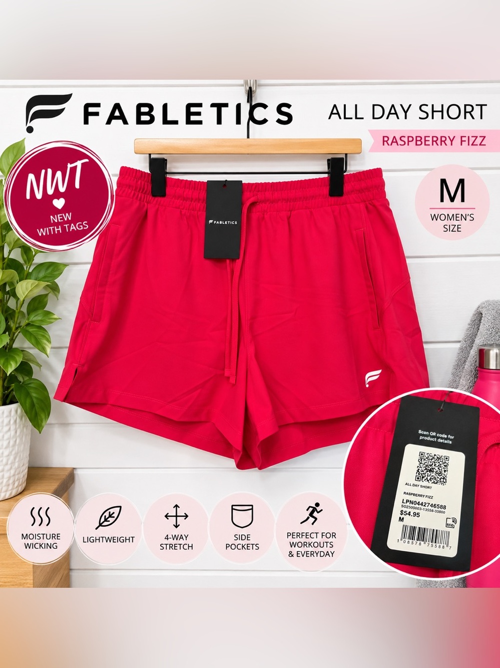 💗 NWT Fabletics All Day Short Women’s M Raspberry Fizz Athletic Shorts